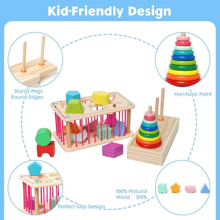 Montessori Drewniana zabawka do sortowania kształtów, układania A5