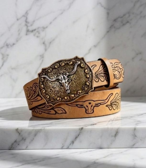 Skórzany pasek z klamrą Western „,Longhorn"