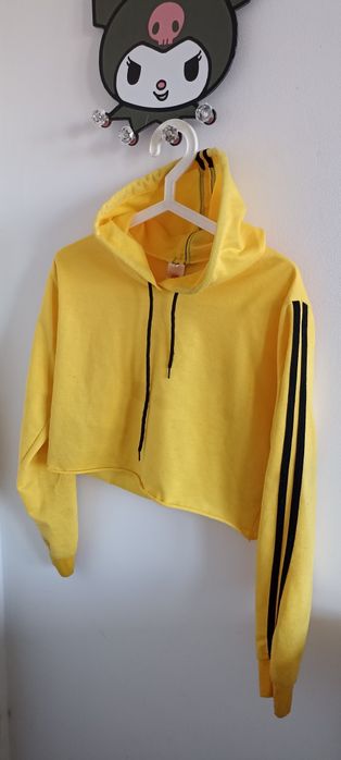 Żółty Crop top z kapturem czarne paski Ziranmel rozmiar L