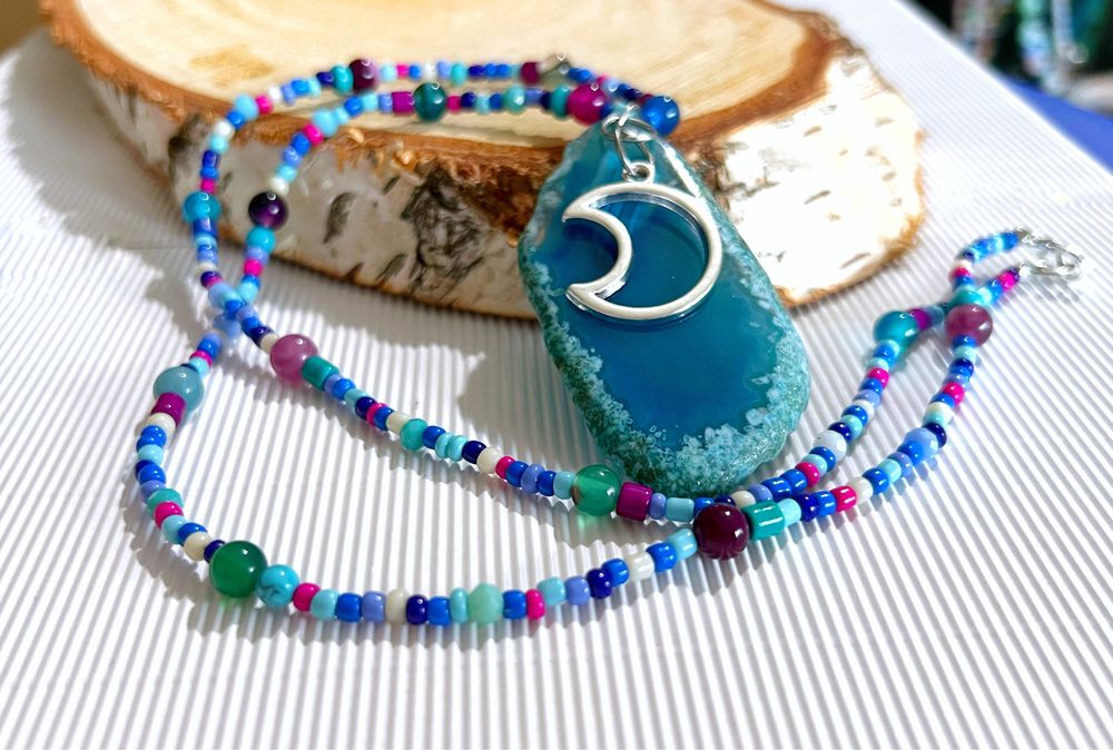 Naszyjnik handmade Luna Lunula agat cięty plaster