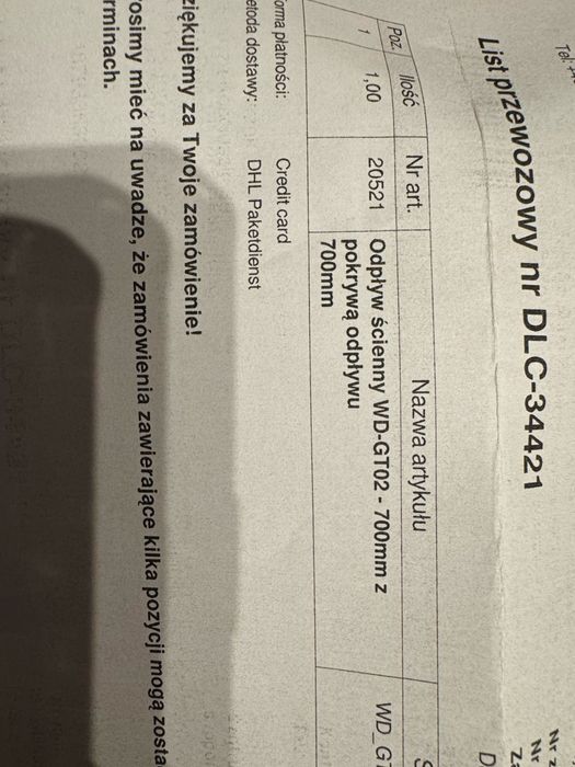 Odpływ ścienny 700mm z pokrywą odpływu.