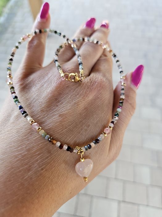 Naszyjnik Choker kamienie naturalne Kwarc różowy Hematyt