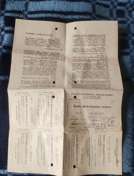 Karta gwarancyjna Predom Romet Roweru Malwa 1981