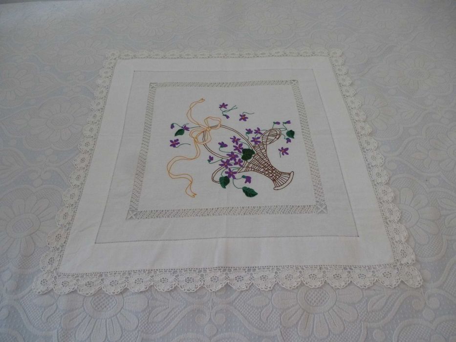 Vintage Linen Doily with Hand Embroidery and Lace
