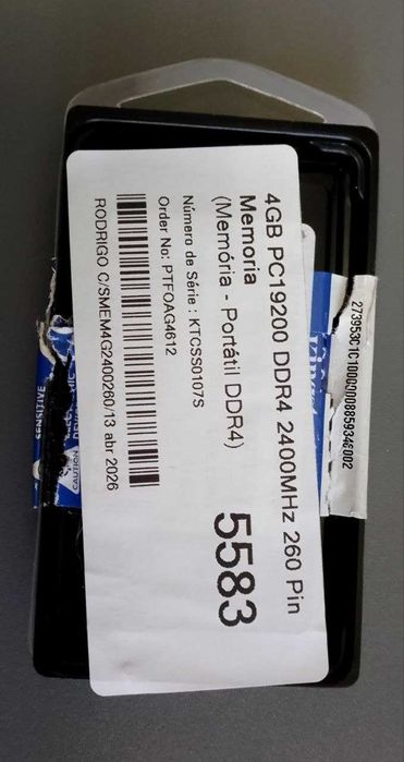 Memória RAM 4GB DDR4 2400MHz Kingston para Portátil - 2 Anos de Garantia