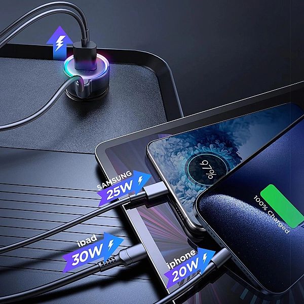 Joyroom szybka ładowarka samochodowa 3 w 1 z kablem USB Typ C 1,6m 60W