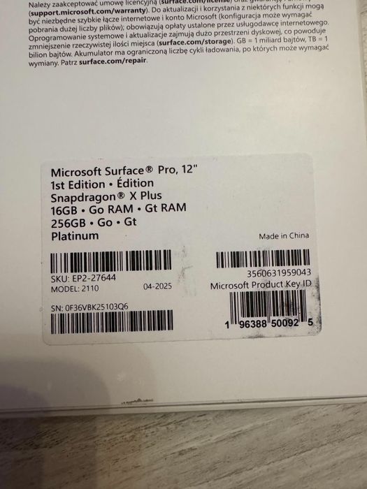 Microsoft surface pro 12 x plus 16gb 256 Platinum