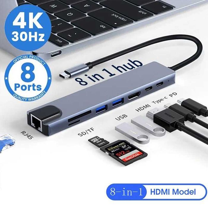 USB HUB 8in1 док-станція зі швидкою зарядкою Ethernet та HDMI хаб