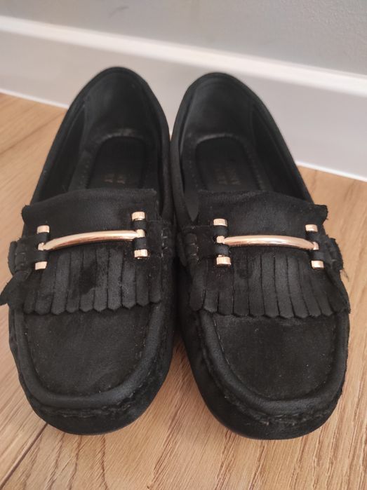 Mokasyny, zamszowe 38 baleriny czarne frędzle