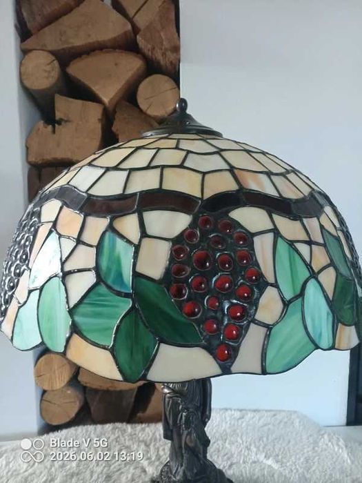 Stara lampa witrażowa kobieta winogrona sygnowana Honsel Ala Tiffany