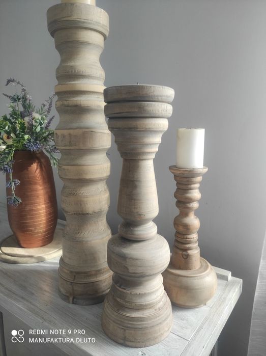 Świeczniki drewniane toczone vintage rękodzieło