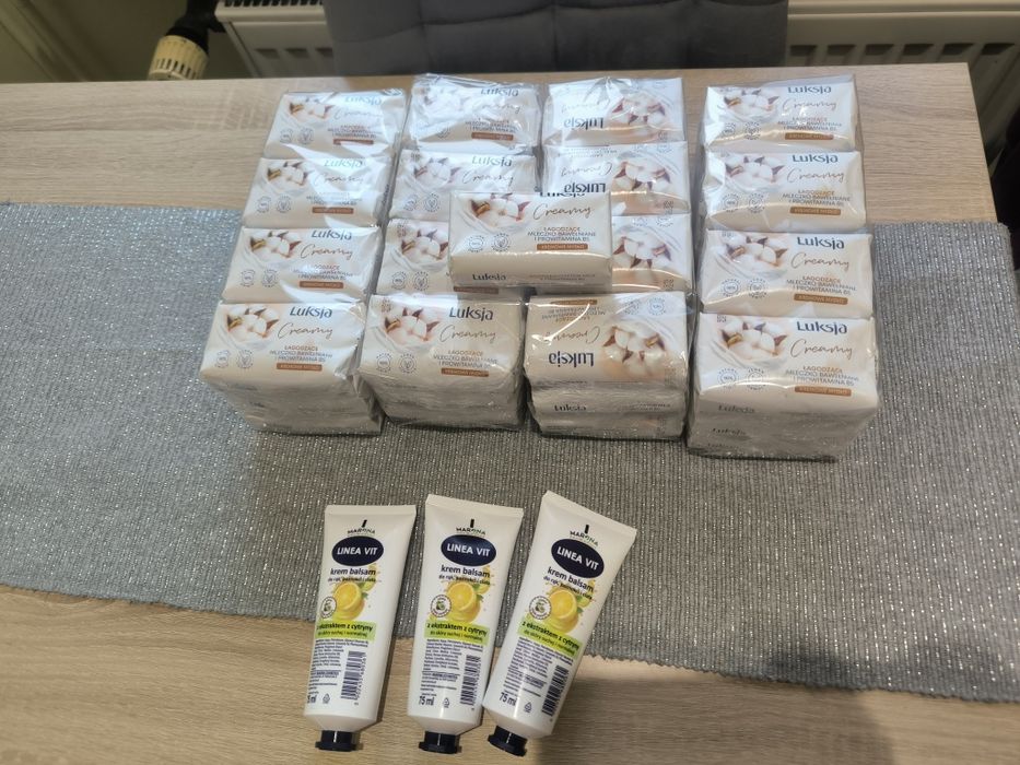 Mydła kremy Luksja 49szt i 3szt kremów do rąk kosmetyki