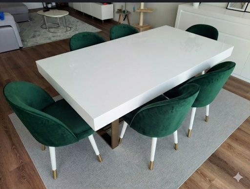 Mesa Jantar Extensível Branco Alto Brilho com Base Inox Dourado