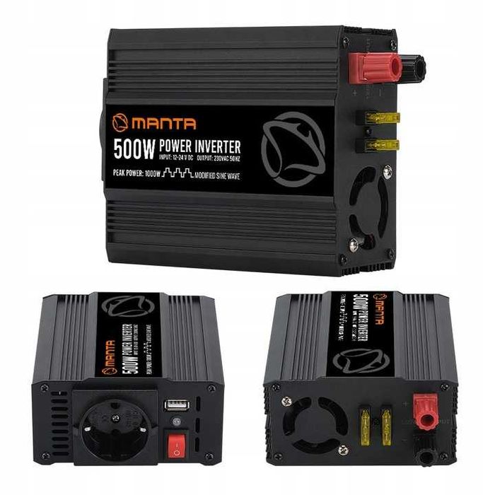 Inwerter napięcia samochodowy 500W 1000W 12V 24V z USB i latarką NOWA