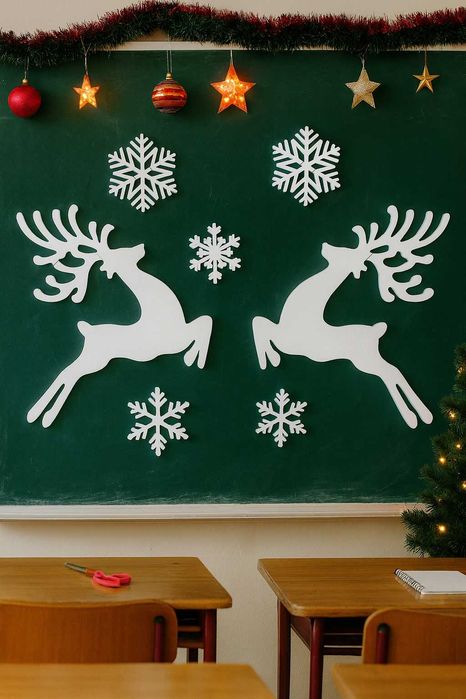 Renifery 49 cm + Śnieżynki - Biała Dekoracja Styropianowa na Święta