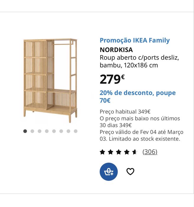 Guarda-roupa IKEA NORDKISA Bambu 120x186 - Como Novo 185€