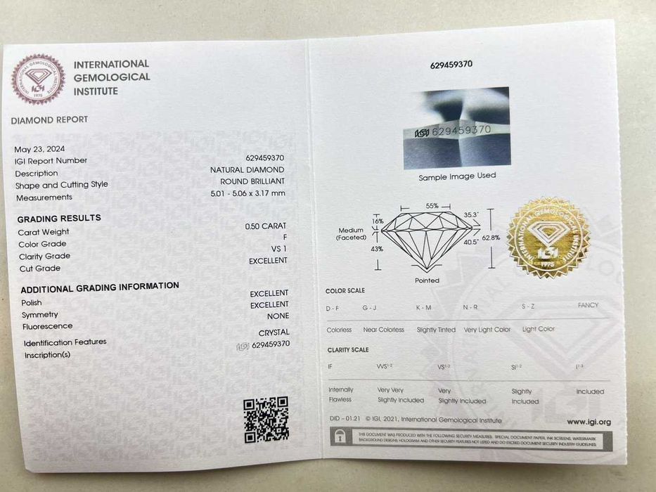 Diamante Natural 0,50 ct IGI Selado – F / VS1 – Triplo Excelente