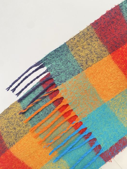 Szal duży koc 2 metry krata frędzle ciepły z dodatkiem wełny welniany