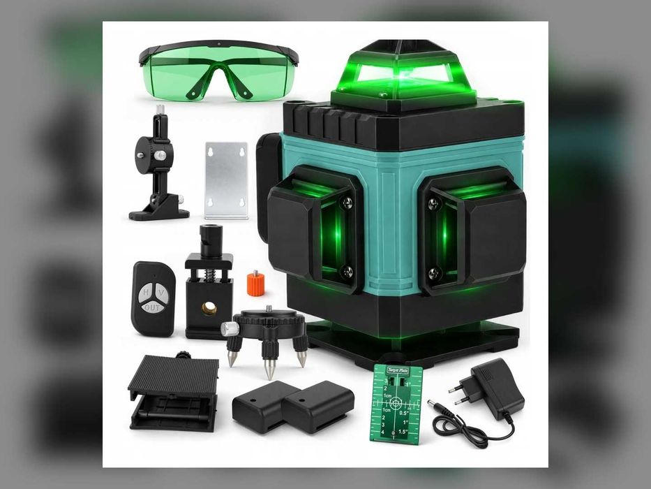 Nowa Poziomica Laserowa 4D 360° 16 Linii Laser Krzyżowy Zielony Niwelator 2 Akumulatory Pilot Walizka