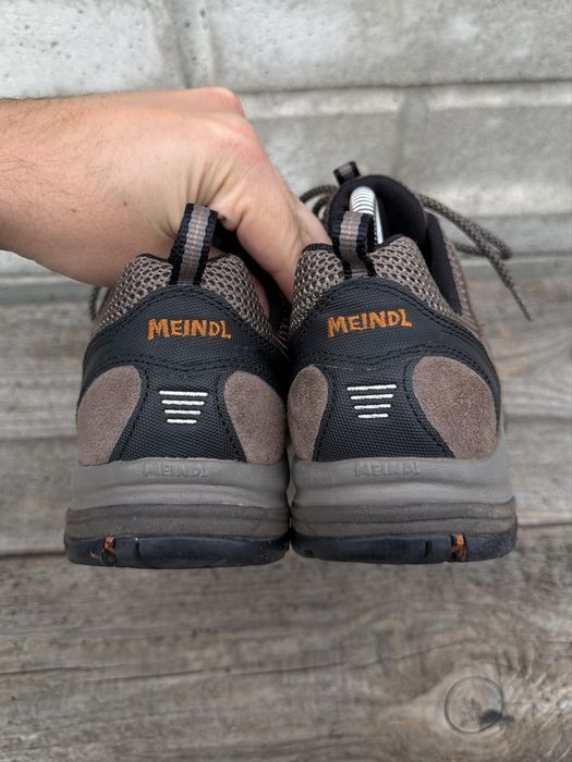 Brązowe, szare, skórzane buty trekkingowe Meindl Balancing, rozmiar 44