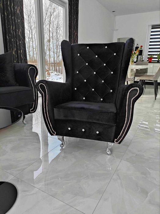 Zestaw Mebli Glamour Kanapa rozkładana,Fotele, Stół,puf Komplet mebli