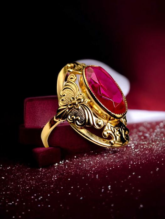 Zdobiony pierścionek z czerwonym oczkiem I 585 I Świetny stan