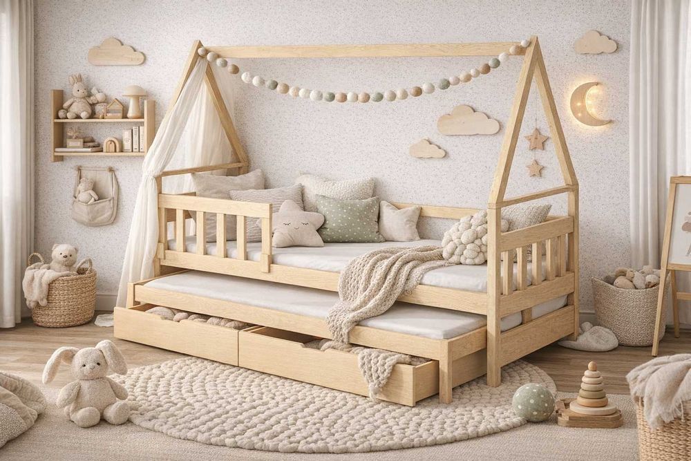 Łóżko Domek 2 osobowe z wysuwanym spaniem, materace 160x75 lub 180x75