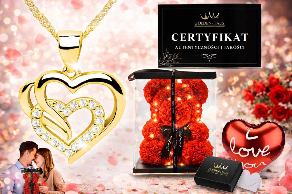 (Zestaw) Walentynki Prezent Miś z róź, Złoty Naszyjnik SERCE 925/585