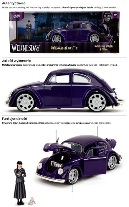 Jada Toys - Voiture miniature en métal Wednesday Beetle avec figurine Wednesday Addams en métal, 1