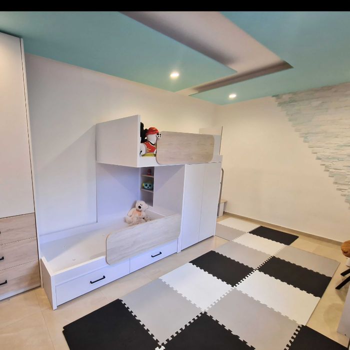 Łóżko piętrowe podwójne z szafą i schodkami ze schowkami – 2x 180x90