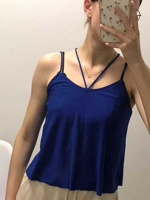 Granatowy top na ramiączkach na krzyż | damski crop top, letni, plecy