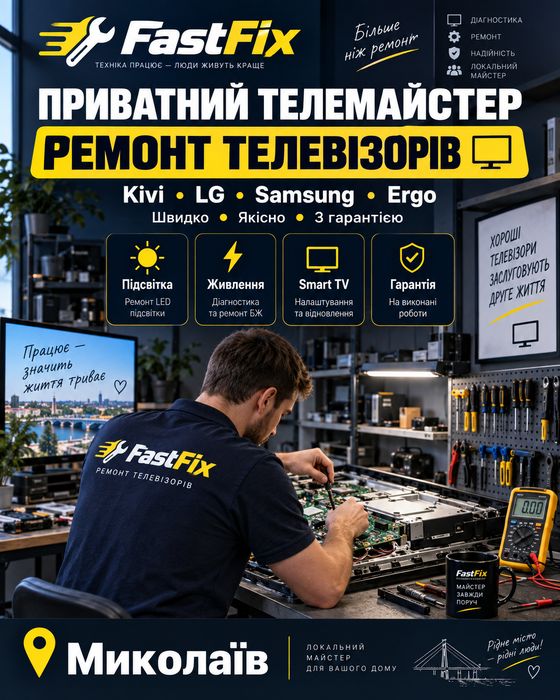 Телемайстер: ремонт телевізорів Kivi, LG, Samsung, Ergo