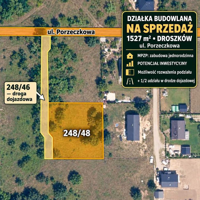 Działka budowlana 1527 m² z MPZP – Droszków, ul. Porzeczkowa
