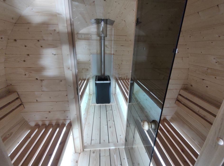 Sauna ogrodowa Beczka (Z przedsionkiem) 420 cm !! Piec na drewno !!