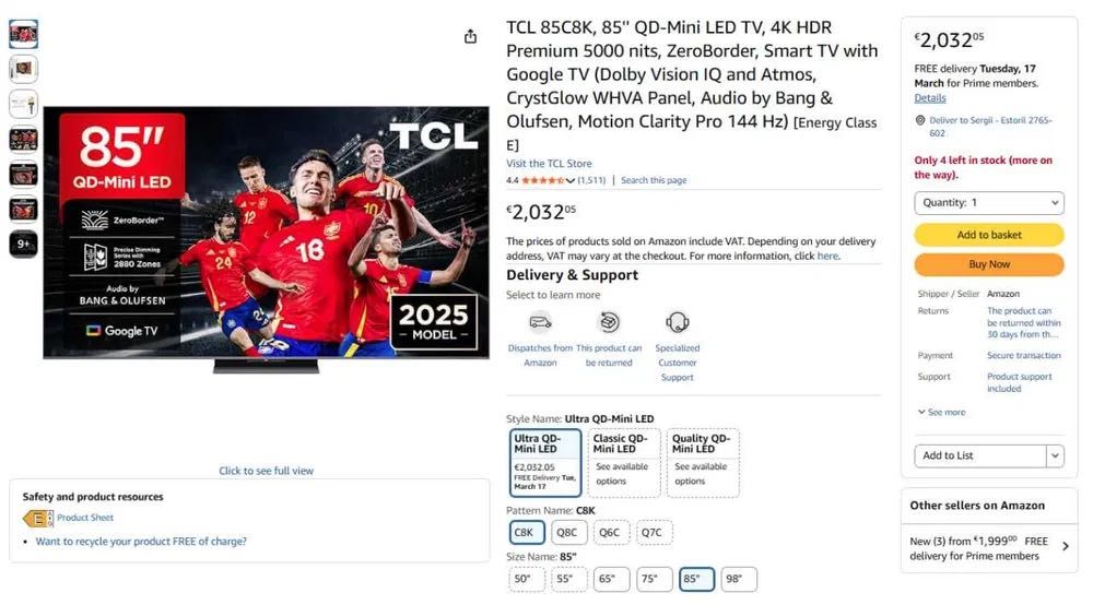 Televisão TCL 85C8K 85" QD-Mini LED TV – Como nova!