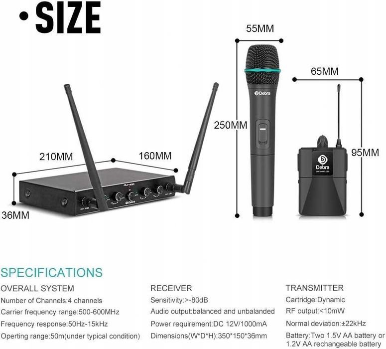 Debra Audio AU400 Pro UHF 4-kanałowy system mikrofonowy bezprzewodowy