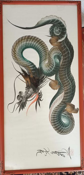Vintage Quadro com Desenho Litografia Dragao Japonês Assinado