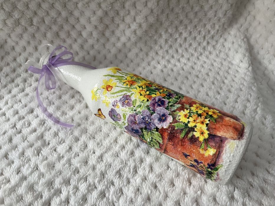 Ozdobna butelka decoupage hand made rękodzieło