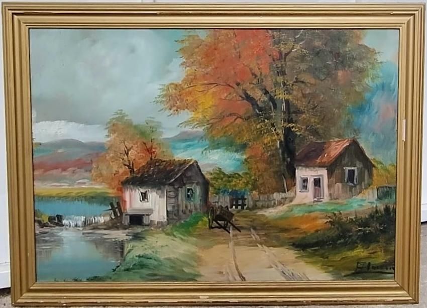 Pintura a Óleo – Paisagem Rural com Moldura Dourada