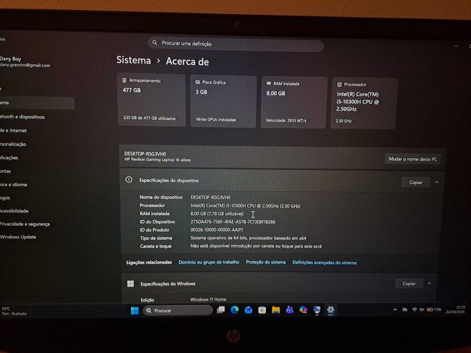HP Pavilion Gaming 16" | i5 10ª Gen | SSD 512GB