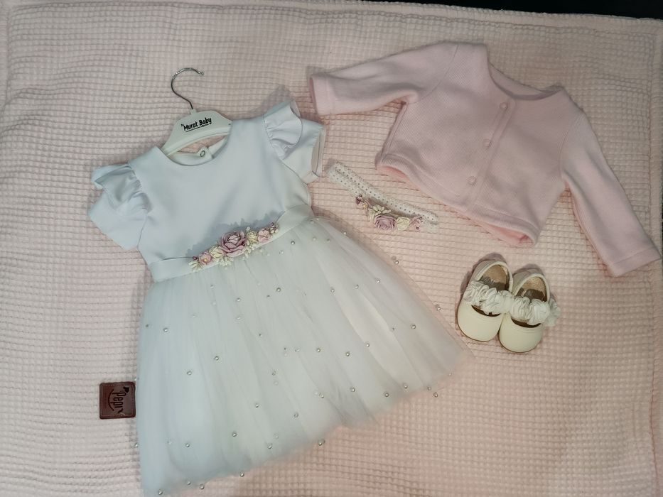 Sukienka ubranie Chrzest Święty r. 62-68 opaska buty komplet