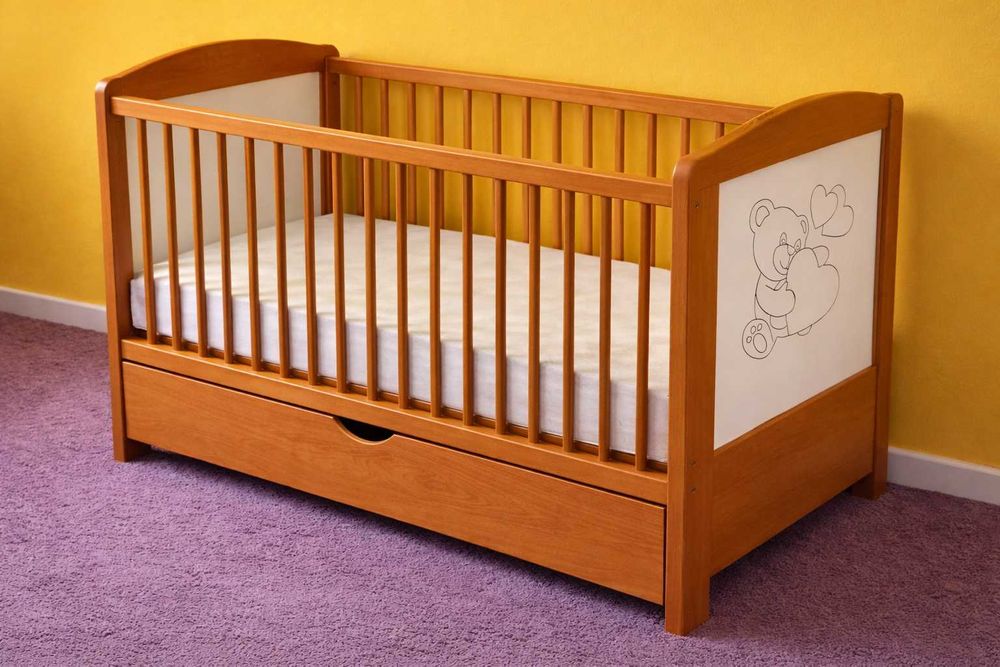 Łóżeczko dziecięce z szufladą + materac kokos–gryka