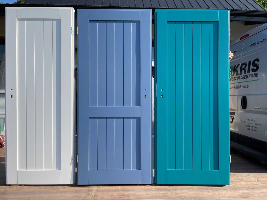 Drzwi KRIS drewniane sosnowe białe,niebieskie,turkusowe, CAŁA POLSKA