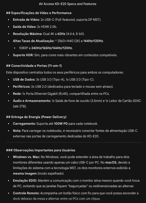 AVACCESS KD-E20 Dual Display para Dois Laptops Windows MST