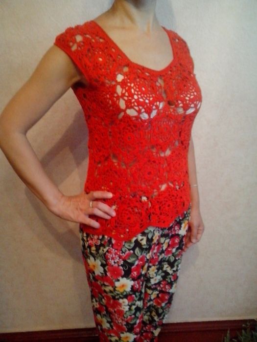 Топ (кофточка) из вязаных мотивов крючком 100% хлопок, ручная работа