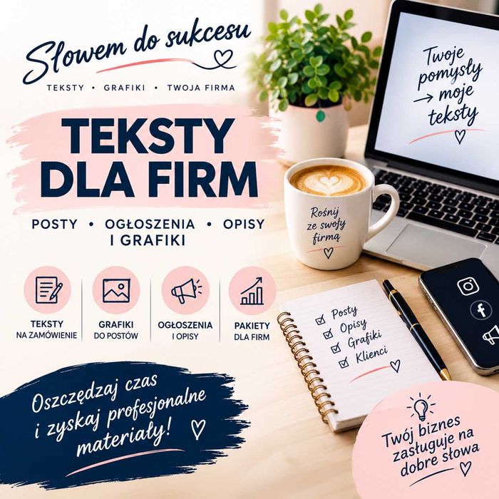 Teksty dla firm, posty, opisy produktów i usług, grafiki