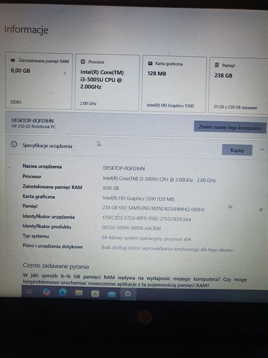 Laptop HP 250 G5 8GB/238 SSD Intel i3