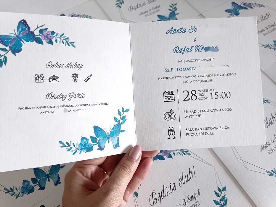 Zaproszenia slubne wesele rustykalne kwiatowe kwadratowe rebus wzory