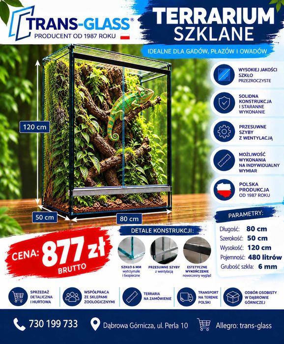 Terrarium szklane 80x50x120 cm 480L szkło 6 mm przesuwne szyby