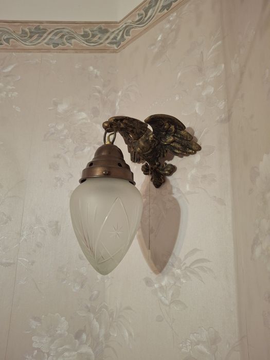 Żyrandol mosiężny Orzeł oraz kinkiety, mosiądz, retro, kryształ, lampa